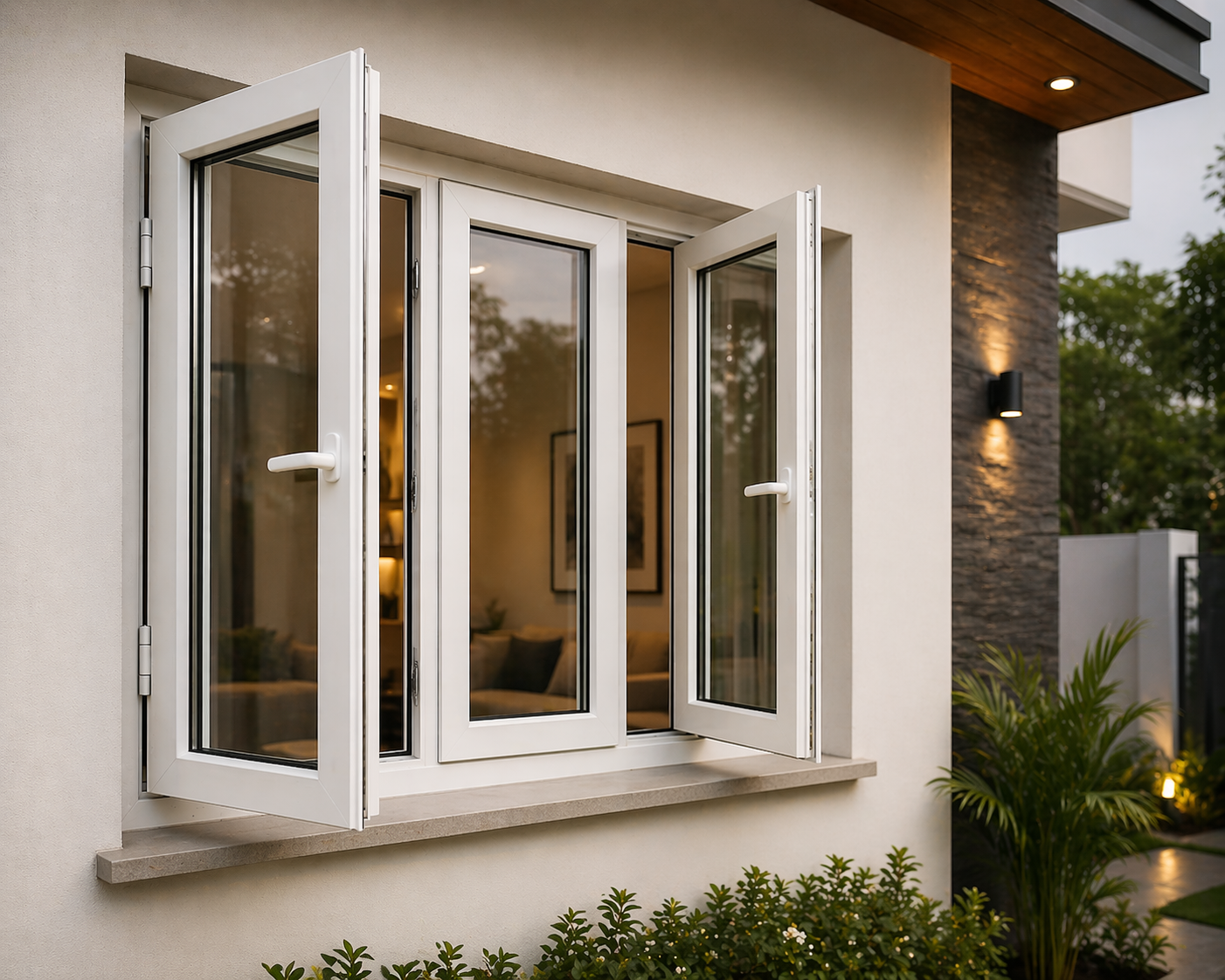 Premium uPVC casement windows installed in a luxury villa in Coimbatore, Tamil Nadu — showcasing wide glass panels and slim profiles for modern homes